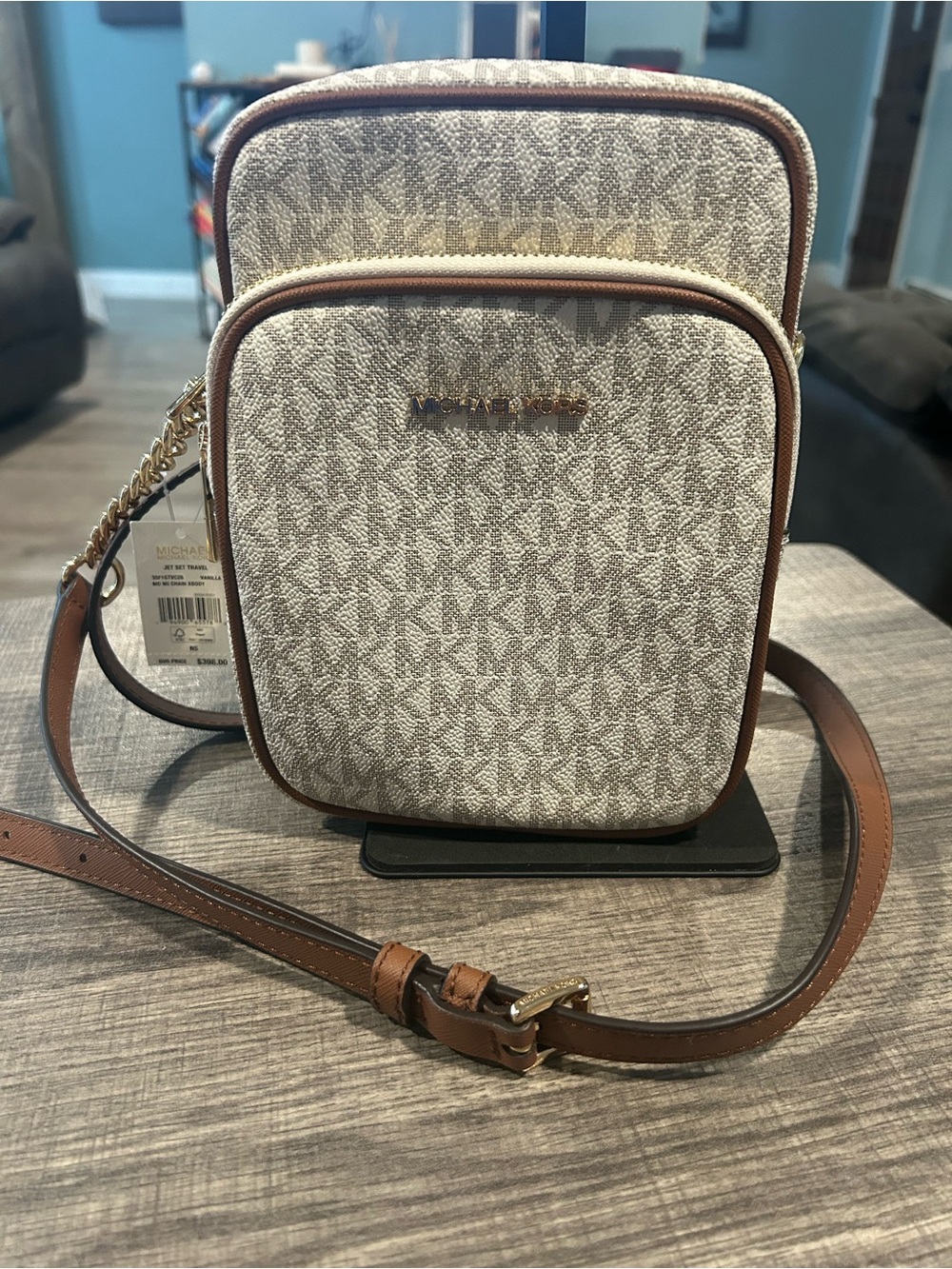 Michael Kors Vanilla & Brown Jet Set Travel Chain Strap Crossbody